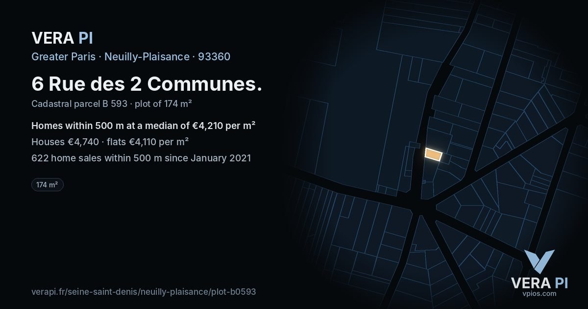 6 Rue des 2 Communes, Neuilly-Plaisance at night – the plot lit, the parcels around coloured by the prices near them