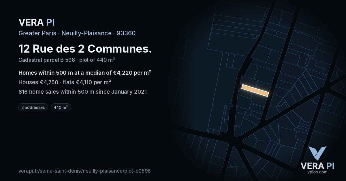 12 Rue des 2 Communes, Neuilly-Plaisance at night – the plot lit, the parcels around coloured by the prices near them