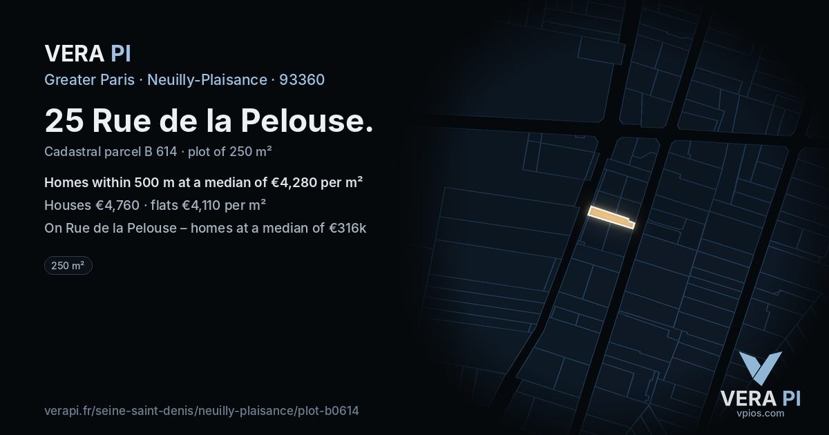25 Rue de la Pelouse, Neuilly-Plaisance at night – the plot lit, the parcels around coloured by the prices near them