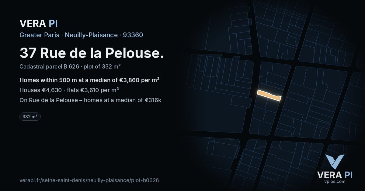 37 Rue de la Pelouse, Neuilly-Plaisance at night – the plot lit, the parcels around coloured by the prices near them
