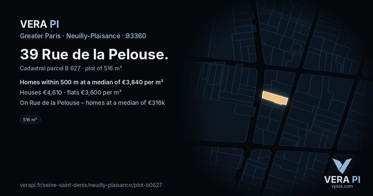 39 Rue de la Pelouse, Neuilly-Plaisance at night – the plot lit, the parcels around coloured by the prices near them