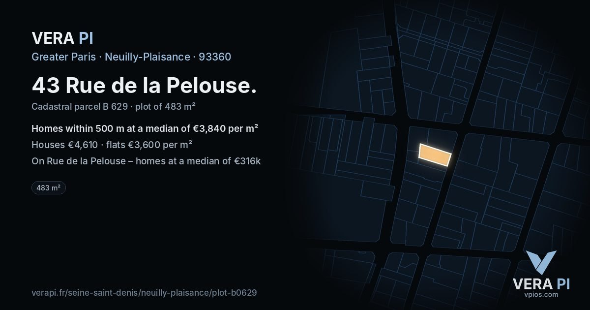 43 Rue de la Pelouse, Neuilly-Plaisance at night – the plot lit, the parcels around coloured by the prices near them