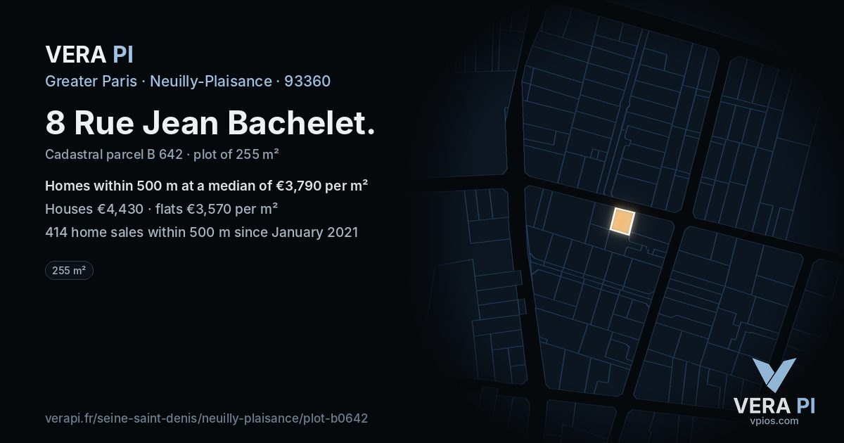 8 Rue Jean Bachelet, Neuilly-Plaisance at night – the plot lit, the parcels around coloured by the prices near them