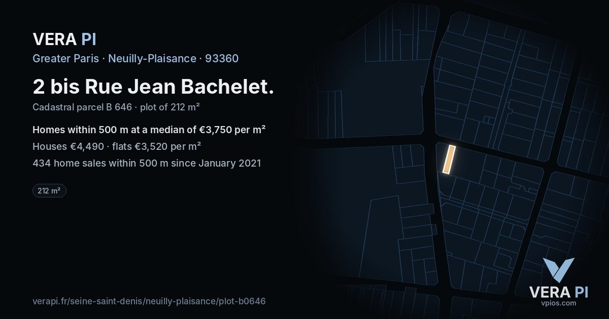 2 bis Rue Jean Bachelet, Neuilly-Plaisance at night – the plot lit, the parcels around coloured by the prices near them