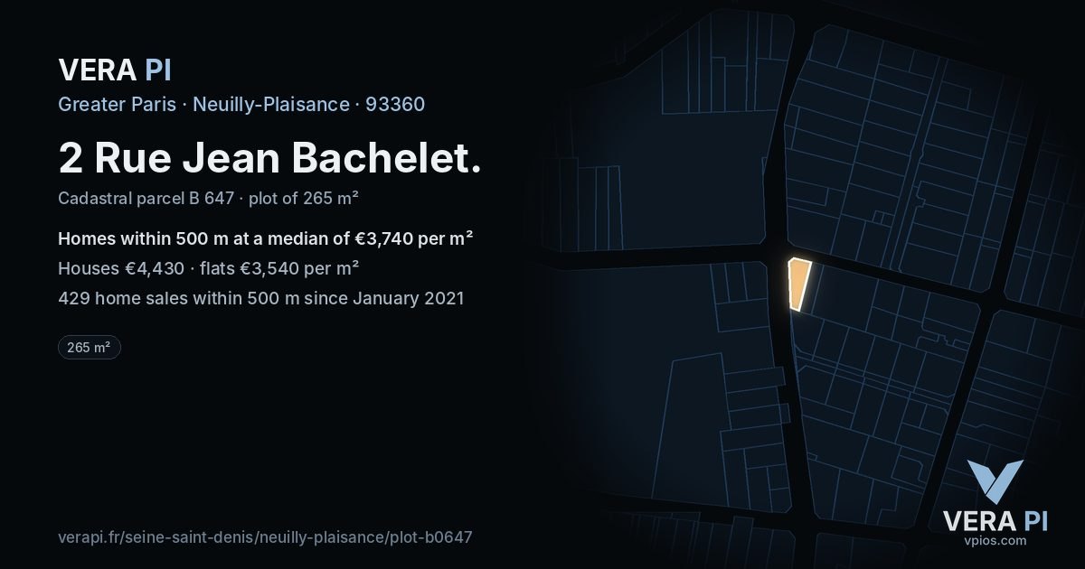 2 Rue Jean Bachelet, Neuilly-Plaisance at night – the plot lit, the parcels around coloured by the prices near them