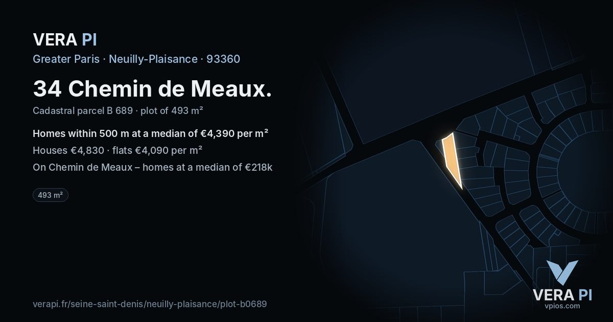 34 Chemin de Meaux, Neuilly-Plaisance at night – the plot lit, the parcels around coloured by the prices near them