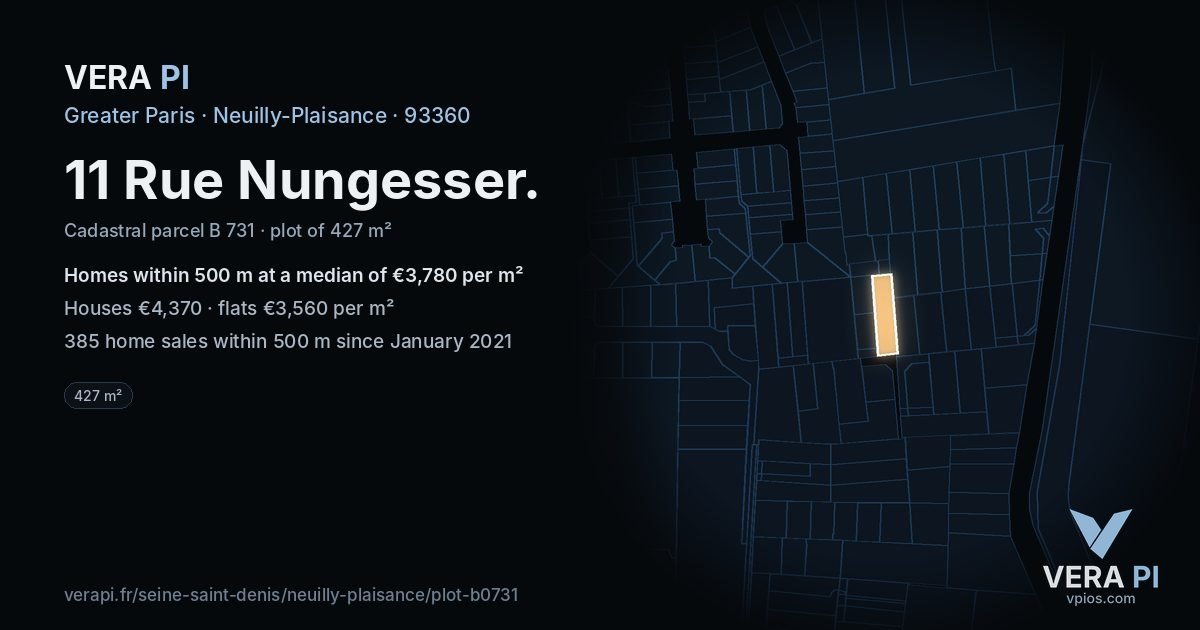 11 Rue Nungesser, Neuilly-Plaisance at night – the plot lit, the parcels around coloured by the prices near them