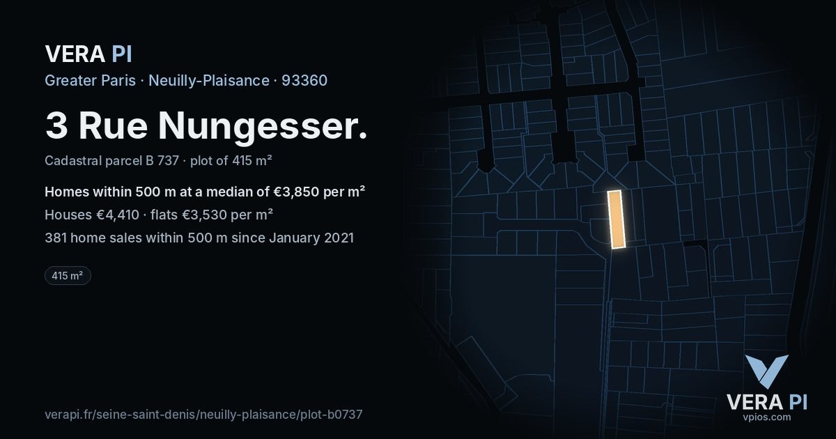 3 Rue Nungesser, Neuilly-Plaisance at night – the plot lit, the parcels around coloured by the prices near them