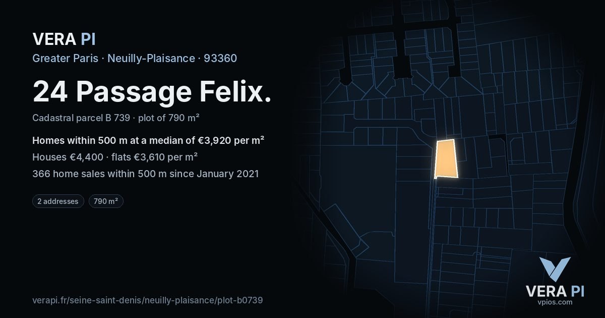 24 Passage Felix, Neuilly-Plaisance at night – the plot lit, the parcels around coloured by the prices near them