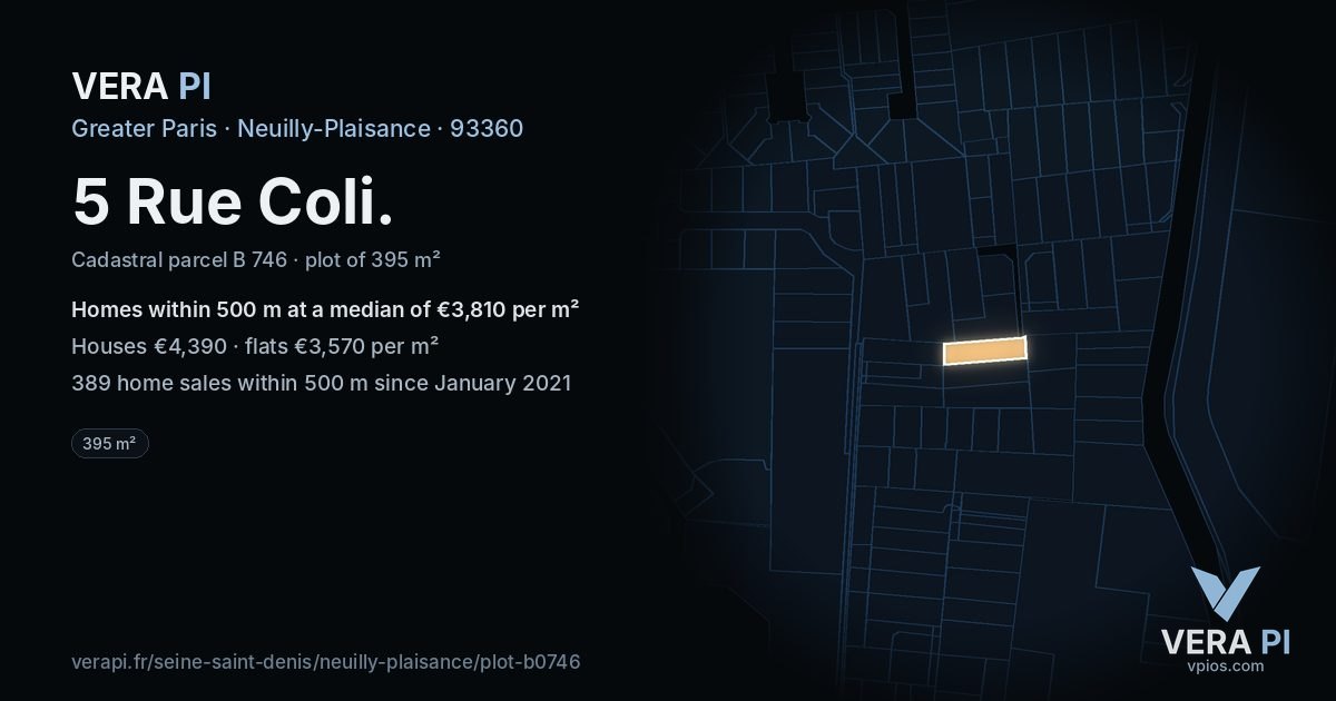 5 Rue Coli, Neuilly-Plaisance at night – the plot lit, the parcels around coloured by the prices near them