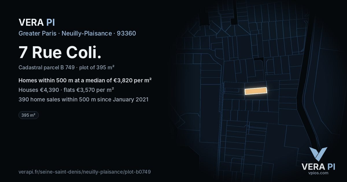 7 Rue Coli, Neuilly-Plaisance at night – the plot lit, the parcels around coloured by the prices near them