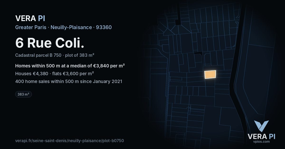 6 Rue Coli, Neuilly-Plaisance at night – the plot lit, the parcels around coloured by the prices near them