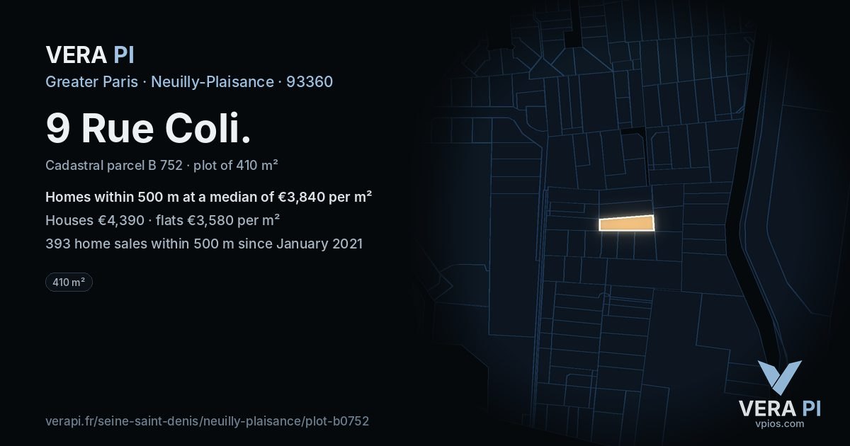 9 Rue Coli, Neuilly-Plaisance at night – the plot lit, the parcels around coloured by the prices near them