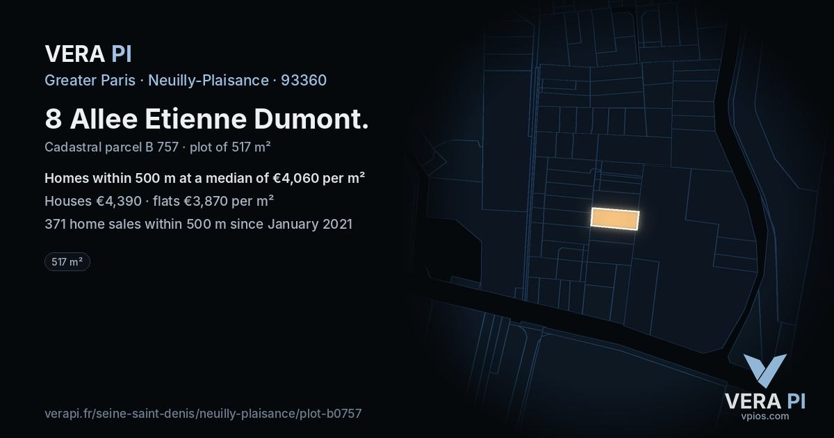 8 Allee Etienne Dumont, Neuilly-Plaisance at night – the plot lit, the parcels around coloured by the prices near them