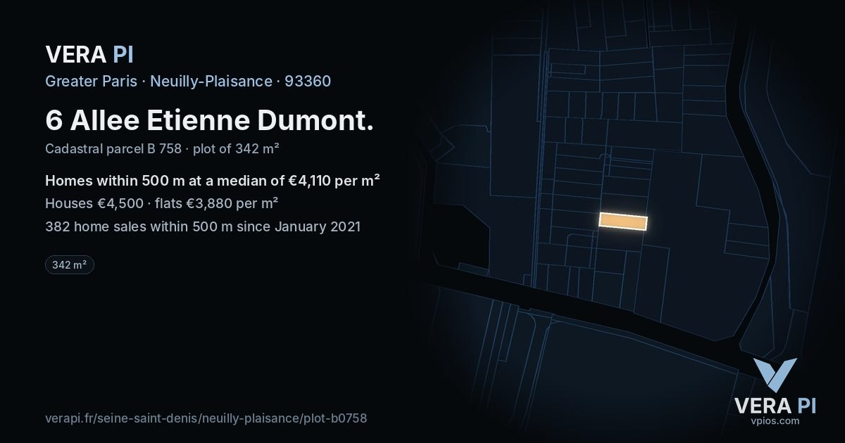 6 Allee Etienne Dumont, Neuilly-Plaisance at night – the plot lit, the parcels around coloured by the prices near them