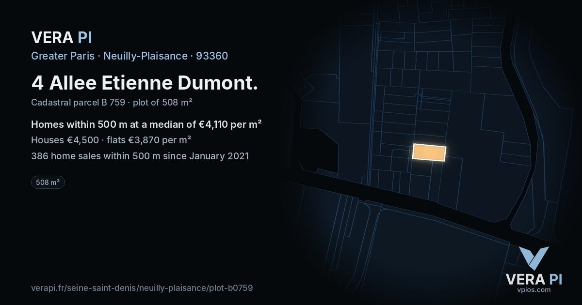 4 Allee Etienne Dumont, Neuilly-Plaisance at night – the plot lit, the parcels around coloured by the prices near them