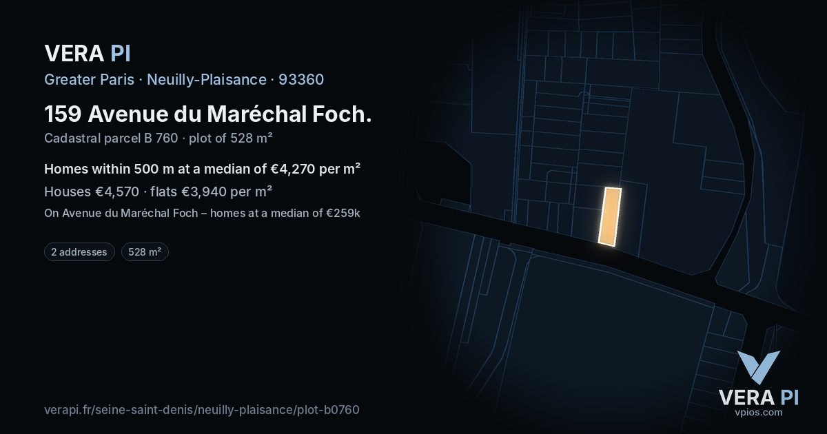 159 Avenue du Maréchal Foch, Neuilly-Plaisance at night – the plot lit, the parcels around coloured by the prices near them