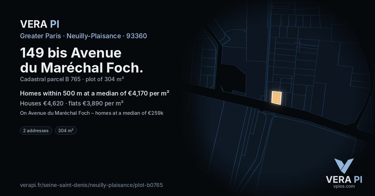 149 bis Avenue du Maréchal Foch, Neuilly-Plaisance at night – the plot lit, the parcels around coloured by the prices near them