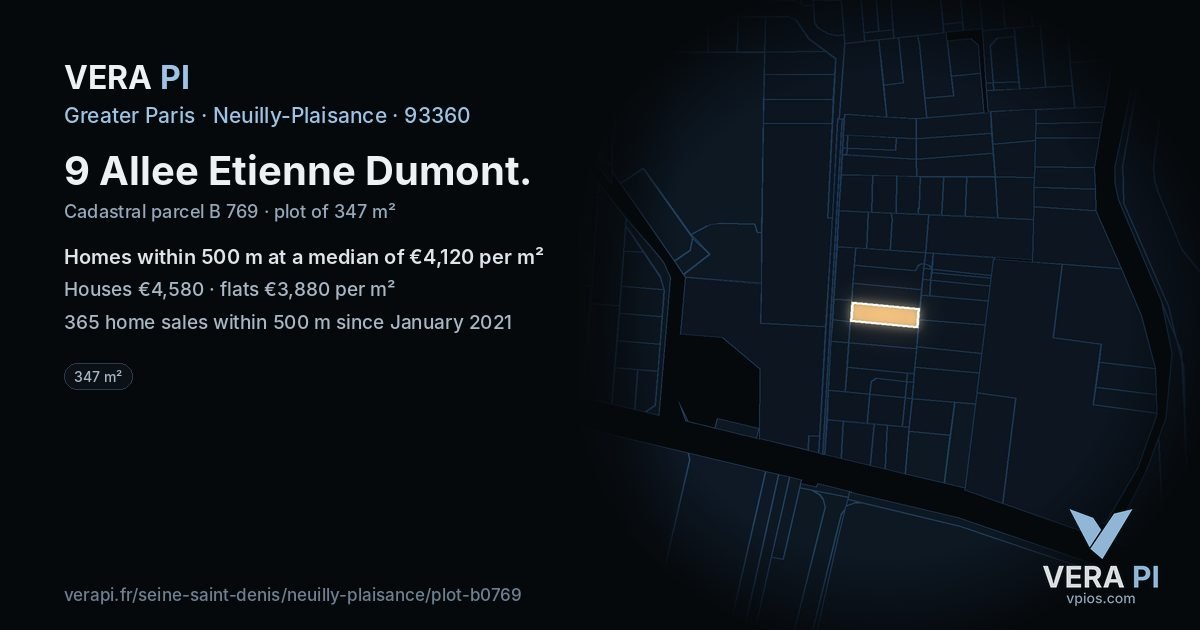 9 Allee Etienne Dumont, Neuilly-Plaisance at night – the plot lit, the parcels around coloured by the prices near them