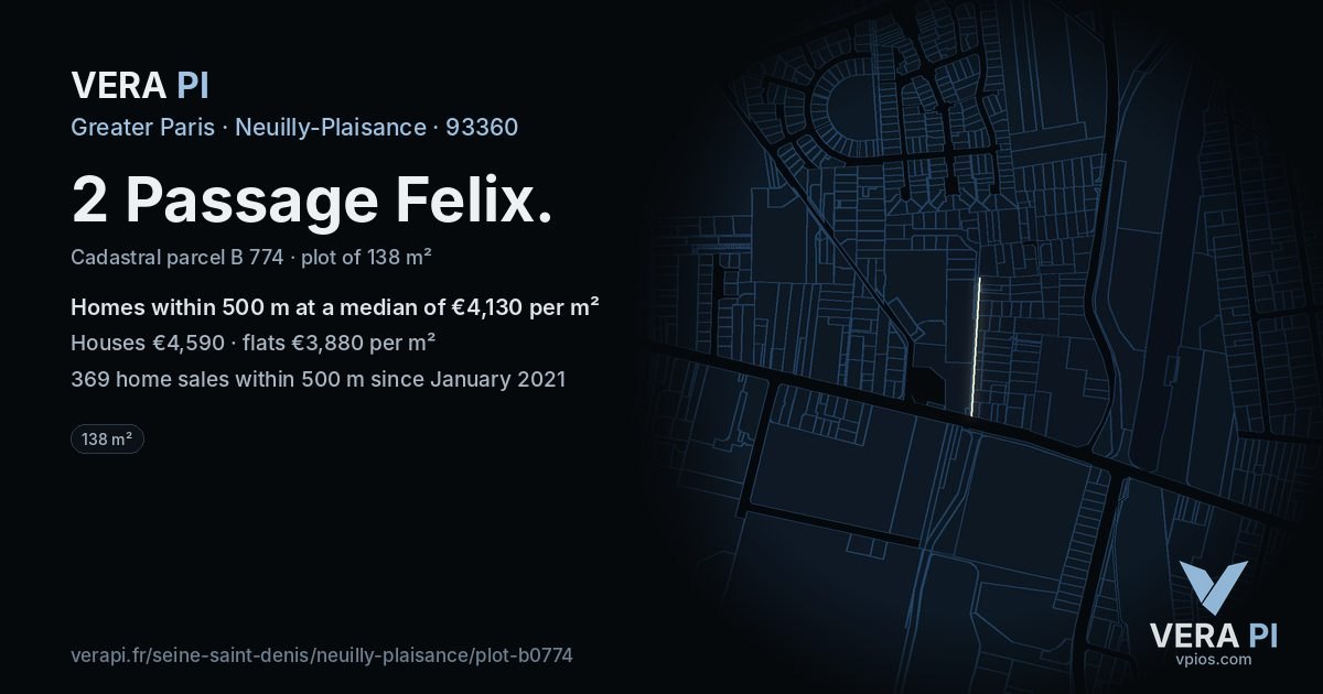 2 Passage Felix, Neuilly-Plaisance at night – the plot lit, the parcels around coloured by the prices near them