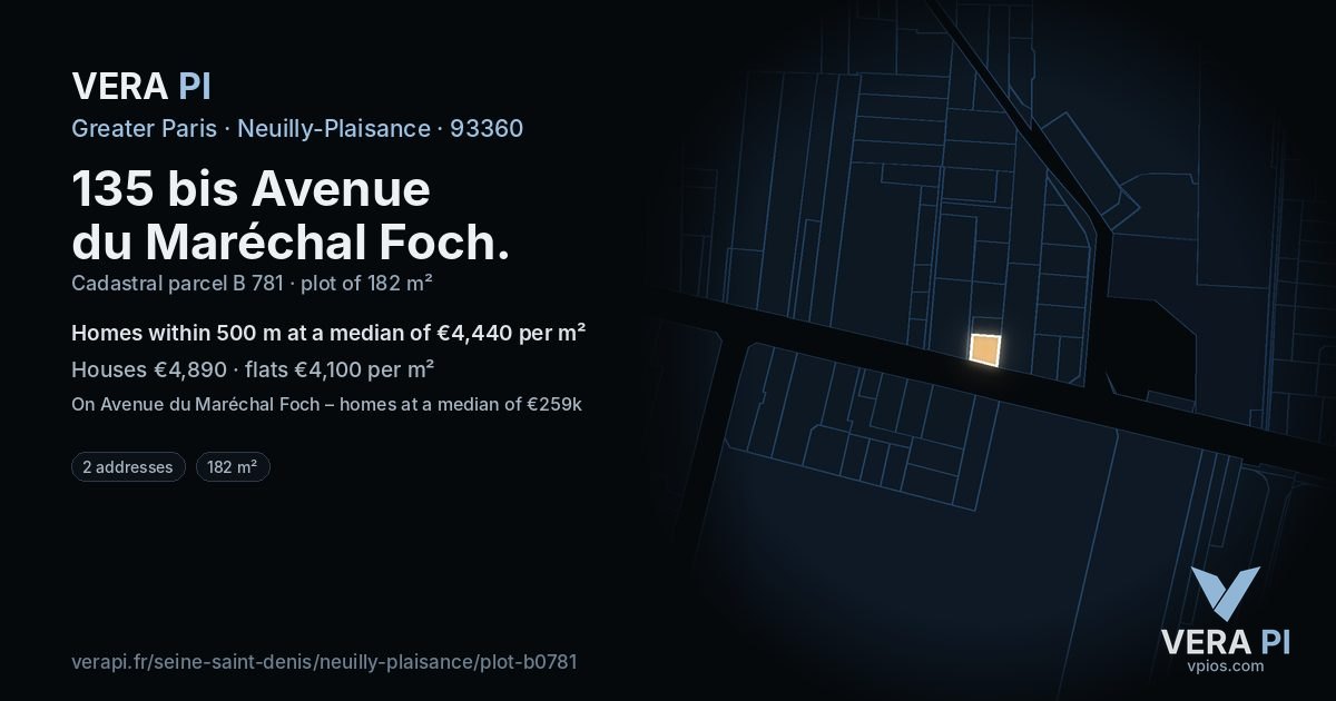 135 bis Avenue du Maréchal Foch, Neuilly-Plaisance at night – the plot lit, the parcels around coloured by the prices near them