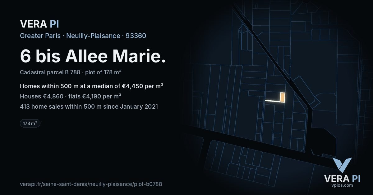 6 bis Allee Marie, Neuilly-Plaisance at night – the plot lit, the parcels around coloured by the prices near them