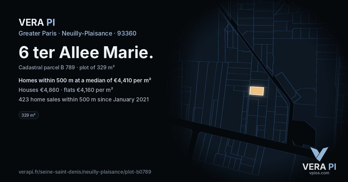 6 ter Allee Marie, Neuilly-Plaisance at night – the plot lit, the parcels around coloured by the prices near them