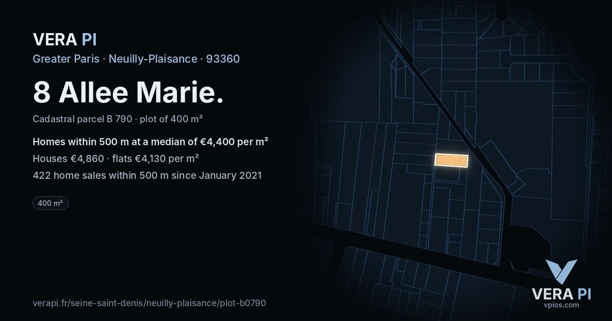 8 Allee Marie, Neuilly-Plaisance at night – the plot lit, the parcels around coloured by the prices near them