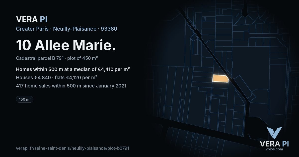 10 Allee Marie, Neuilly-Plaisance at night – the plot lit, the parcels around coloured by the prices near them