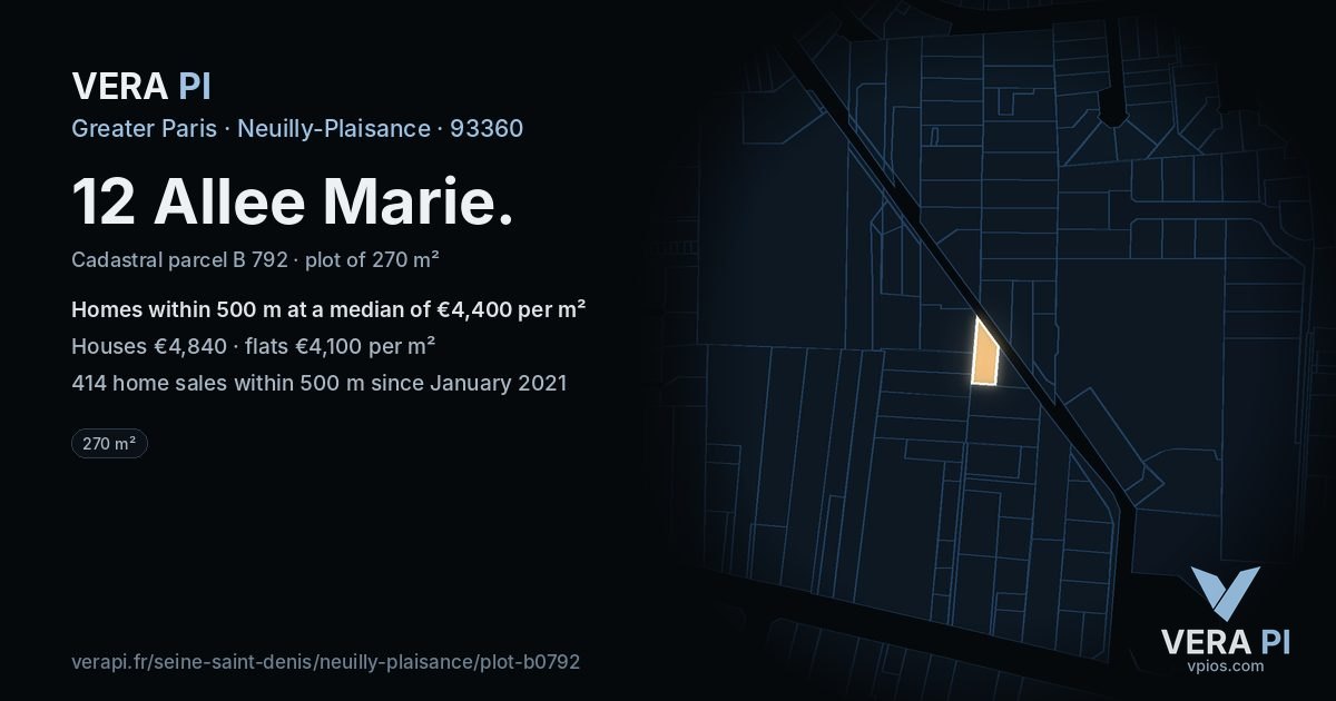 12 Allee Marie, Neuilly-Plaisance at night – the plot lit, the parcels around coloured by the prices near them