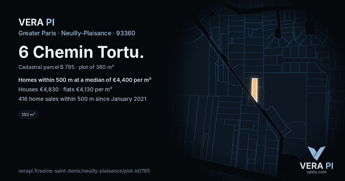 6 Chemin Tortu, Neuilly-Plaisance at night – the plot lit, the parcels around coloured by the prices near them