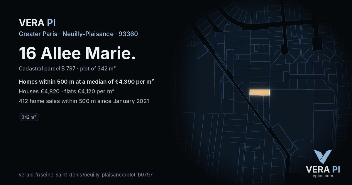 16 Allee Marie, Neuilly-Plaisance at night – the plot lit, the parcels around coloured by the prices near them