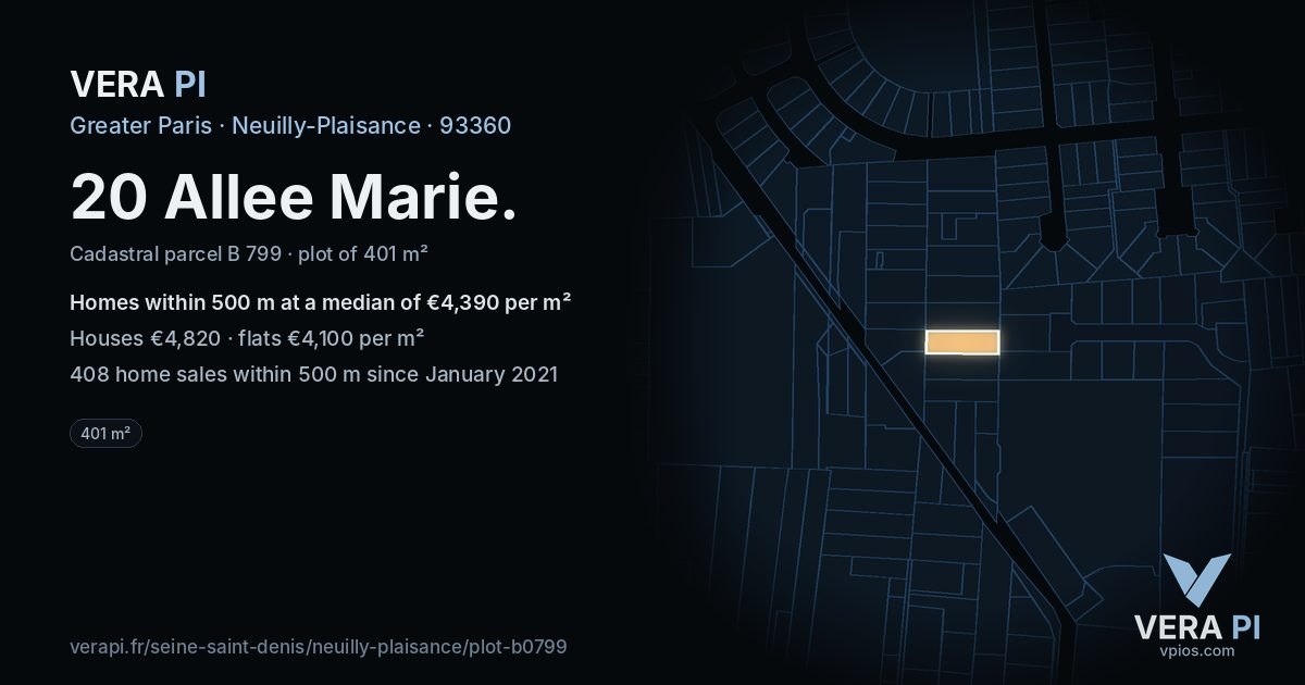 20 Allee Marie, Neuilly-Plaisance at night – the plot lit, the parcels around coloured by the prices near them