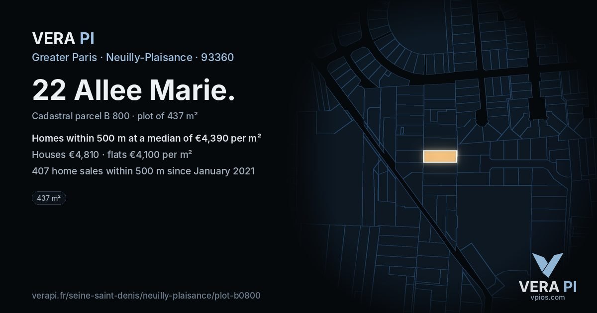 22 Allee Marie, Neuilly-Plaisance at night – the plot lit, the parcels around coloured by the prices near them
