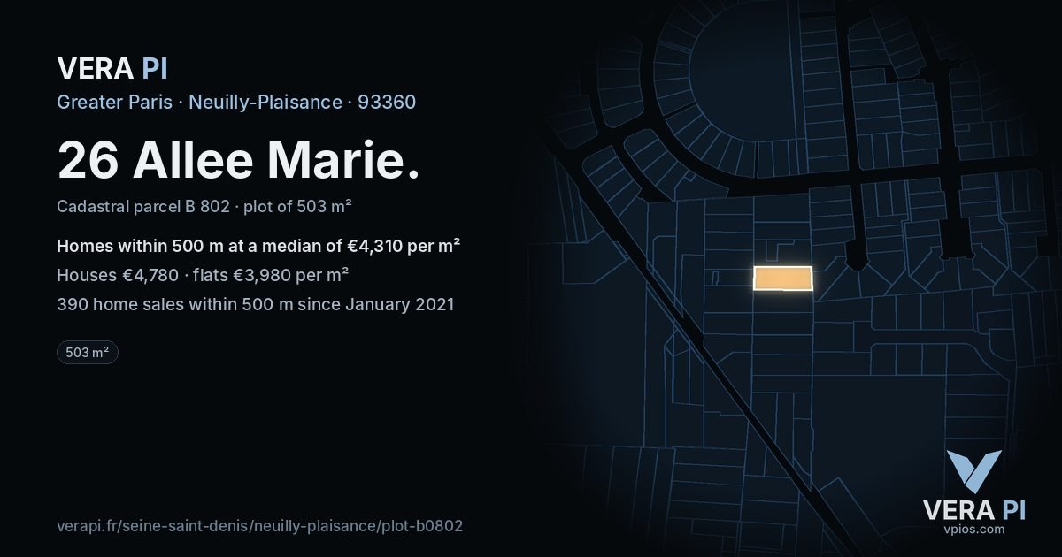 26 Allee Marie, Neuilly-Plaisance at night – the plot lit, the parcels around coloured by the prices near them