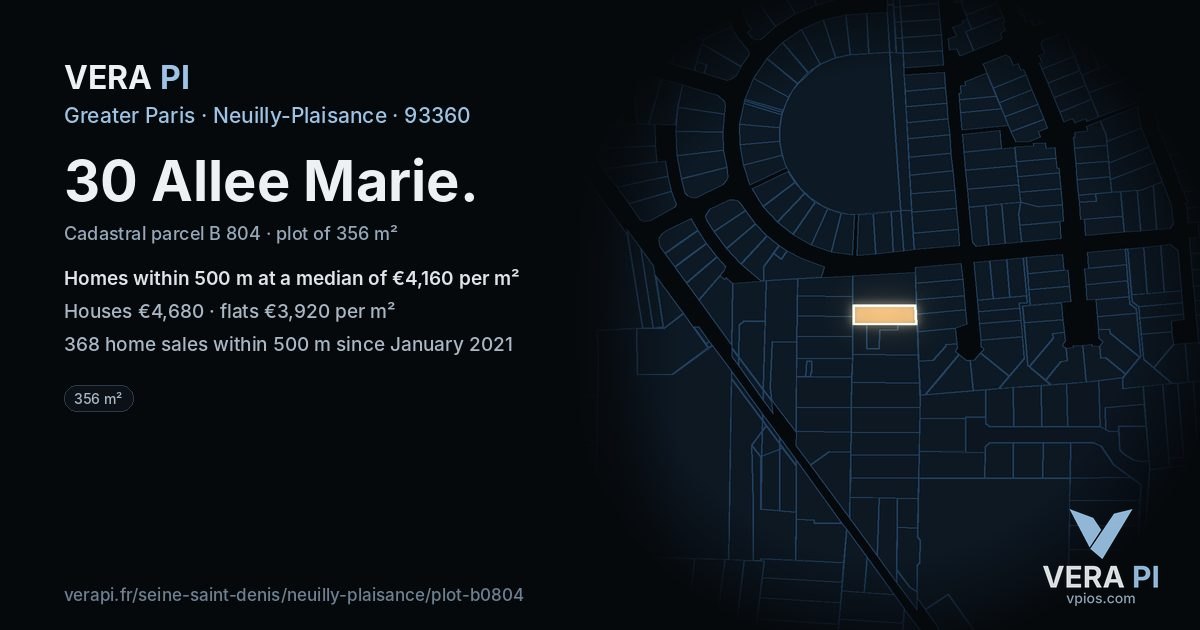 30 Allee Marie, Neuilly-Plaisance at night – the plot lit, the parcels around coloured by the prices near them