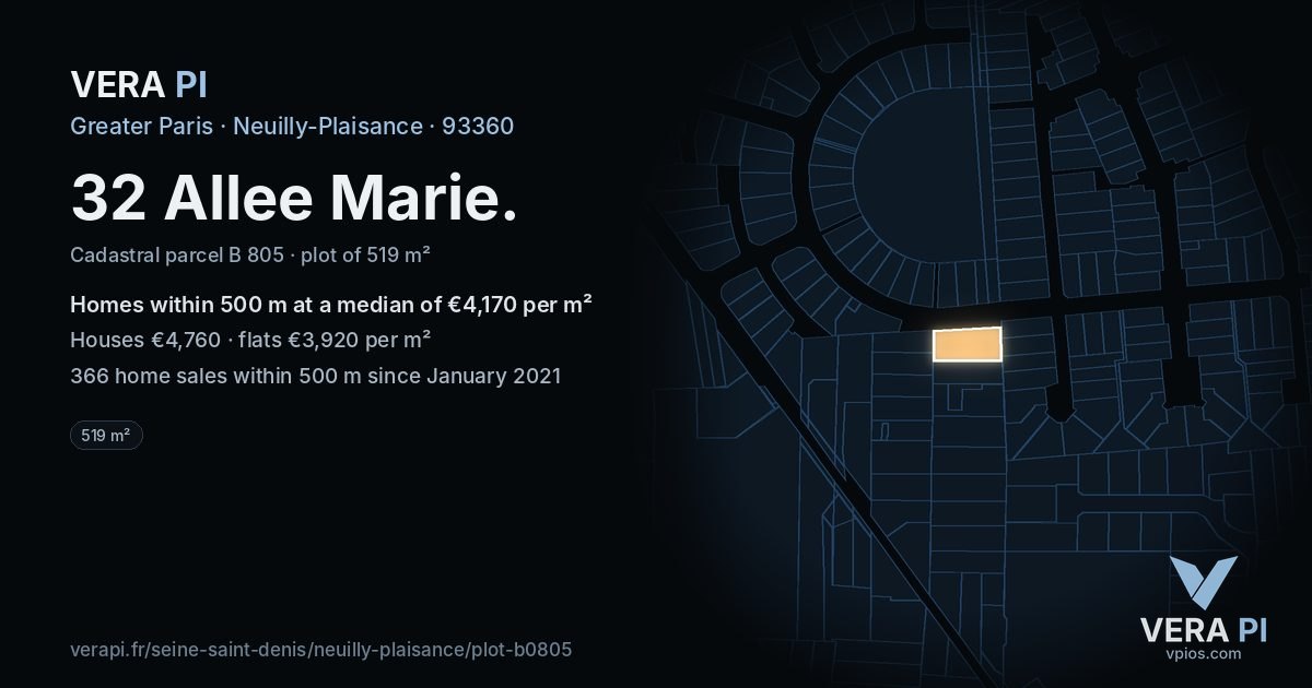 32 Allee Marie, Neuilly-Plaisance at night – the plot lit, the parcels around coloured by the prices near them