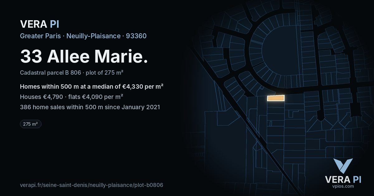 33 Allee Marie, Neuilly-Plaisance at night – the plot lit, the parcels around coloured by the prices near them