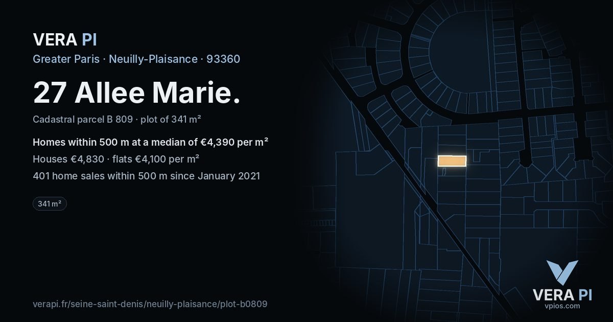 27 Allee Marie, Neuilly-Plaisance at night – the plot lit, the parcels around coloured by the prices near them
