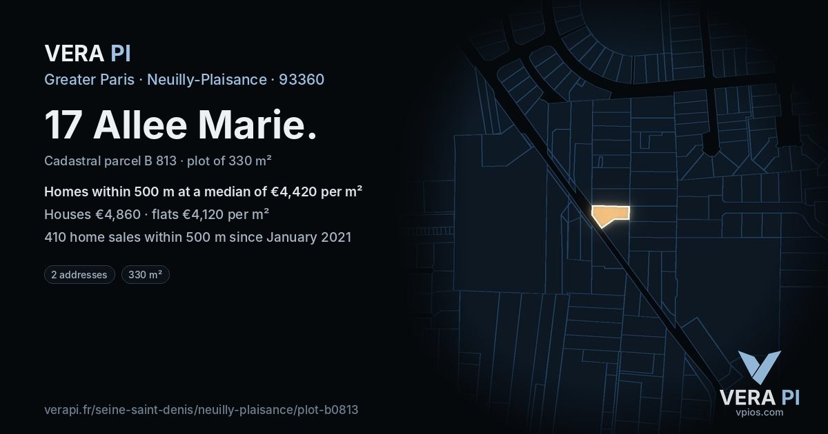 17 Allee Marie, Neuilly-Plaisance at night – the plot lit, the parcels around coloured by the prices near them