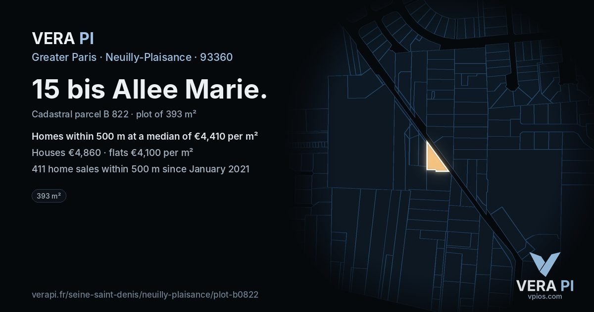15 bis Allee Marie, Neuilly-Plaisance at night – the plot lit, the parcels around coloured by the prices near them