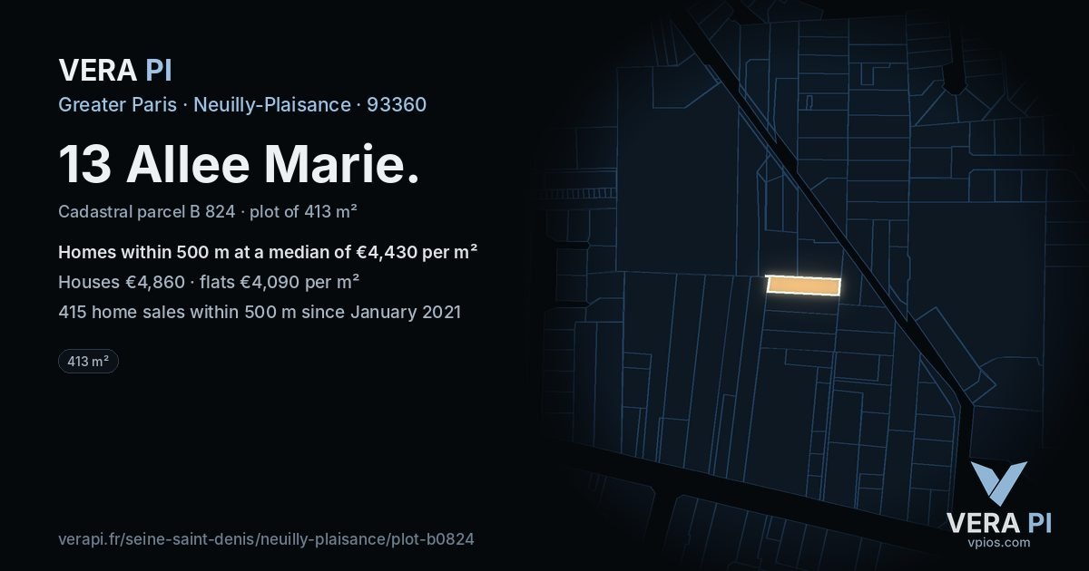 13 Allee Marie, Neuilly-Plaisance at night – the plot lit, the parcels around coloured by the prices near them