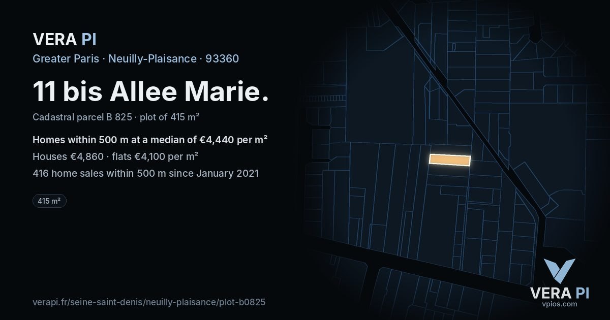 11 bis Allee Marie, Neuilly-Plaisance at night – the plot lit, the parcels around coloured by the prices near them