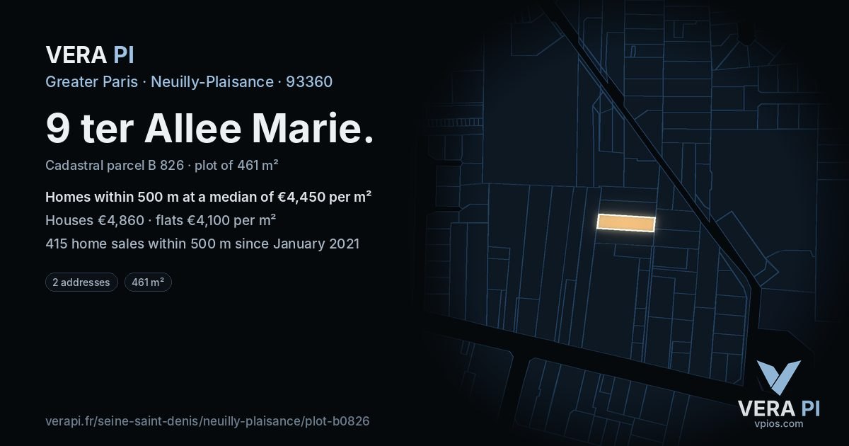 9 ter Allee Marie, Neuilly-Plaisance at night – the plot lit, the parcels around coloured by the prices near them