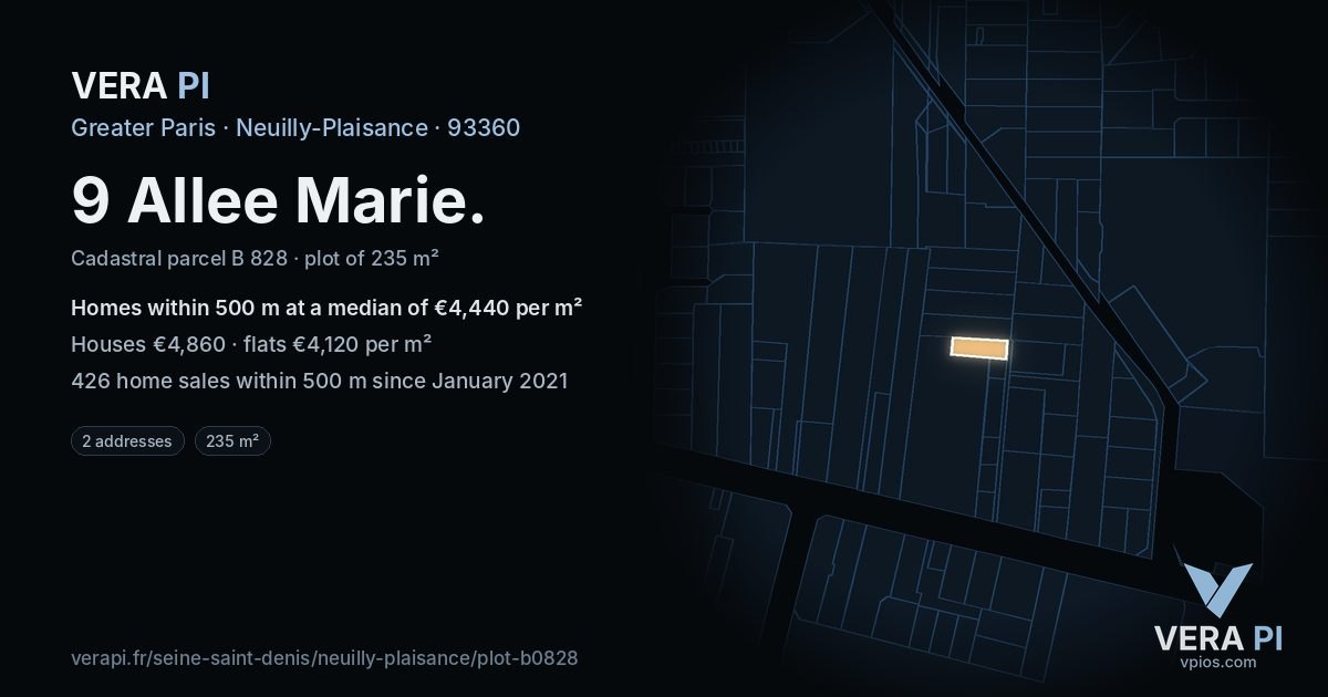 9 Allee Marie, Neuilly-Plaisance at night – the plot lit, the parcels around coloured by the prices near them