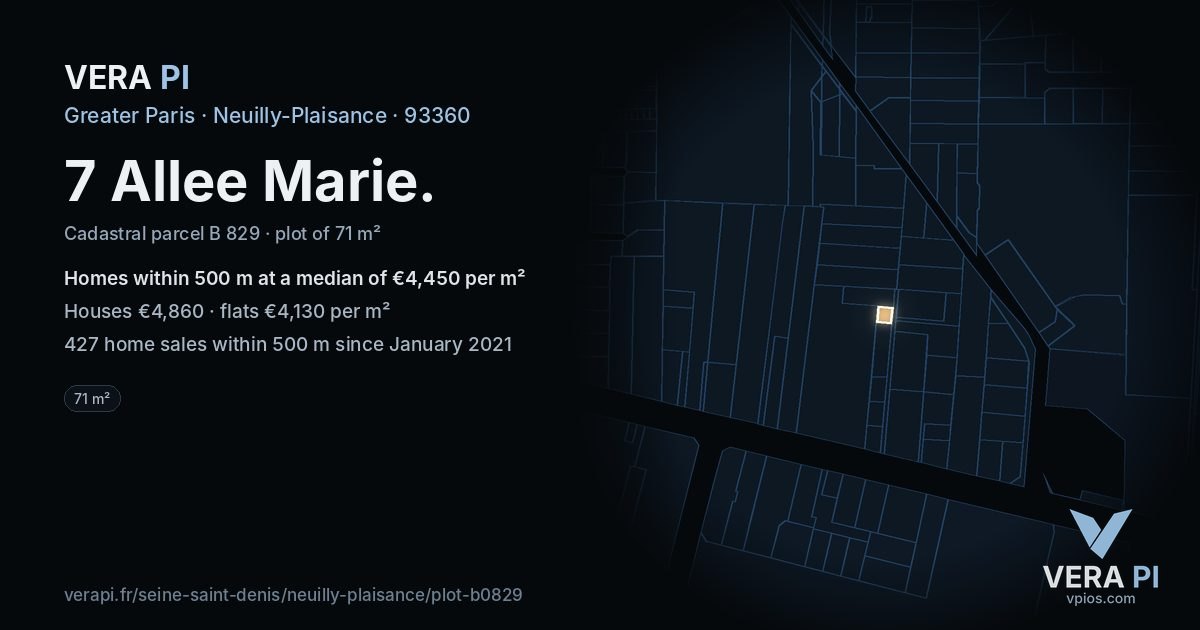7 Allee Marie, Neuilly-Plaisance at night – the plot lit, the parcels around coloured by the prices near them