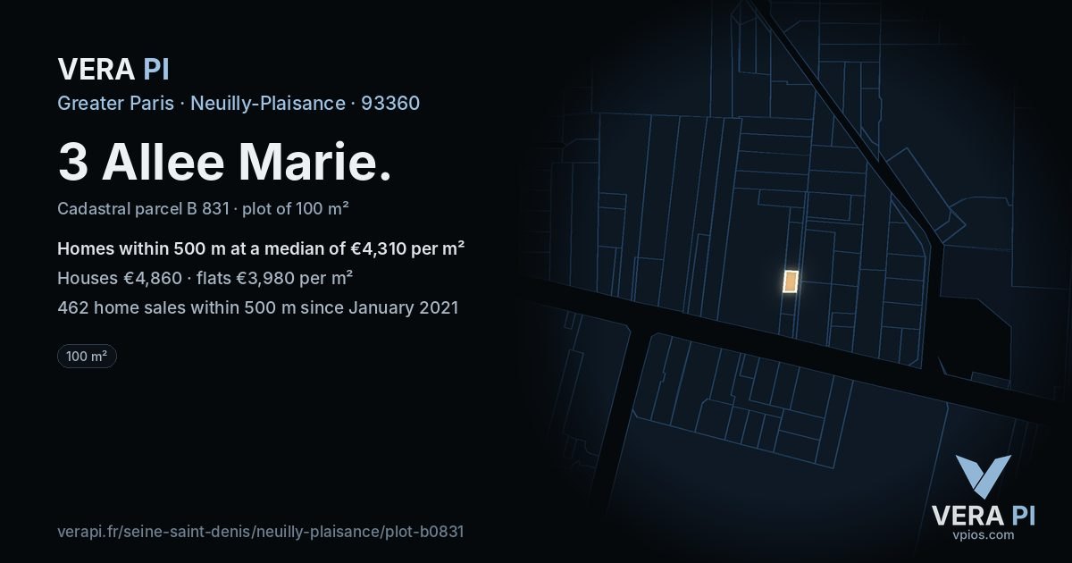 3 Allee Marie, Neuilly-Plaisance at night – the plot lit, the parcels around coloured by the prices near them