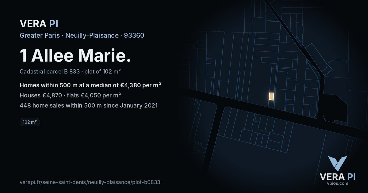 1 Allee Marie, Neuilly-Plaisance at night – the plot lit, the parcels around coloured by the prices near them
