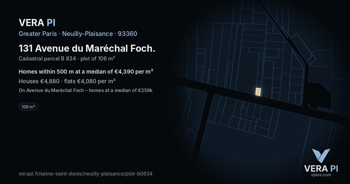 131 Avenue du Maréchal Foch, Neuilly-Plaisance at night – the plot lit, the parcels around coloured by the prices near them