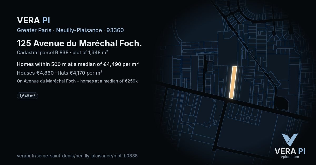 125 Avenue du Maréchal Foch, Neuilly-Plaisance at night – the plot lit, the parcels around coloured by the prices near them